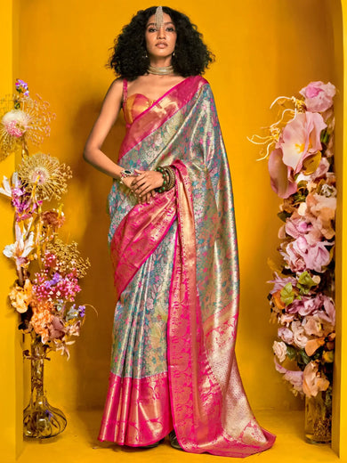 Amazing Sky-Blue Zari Weaving Silk Banarasi Saree With Blouse